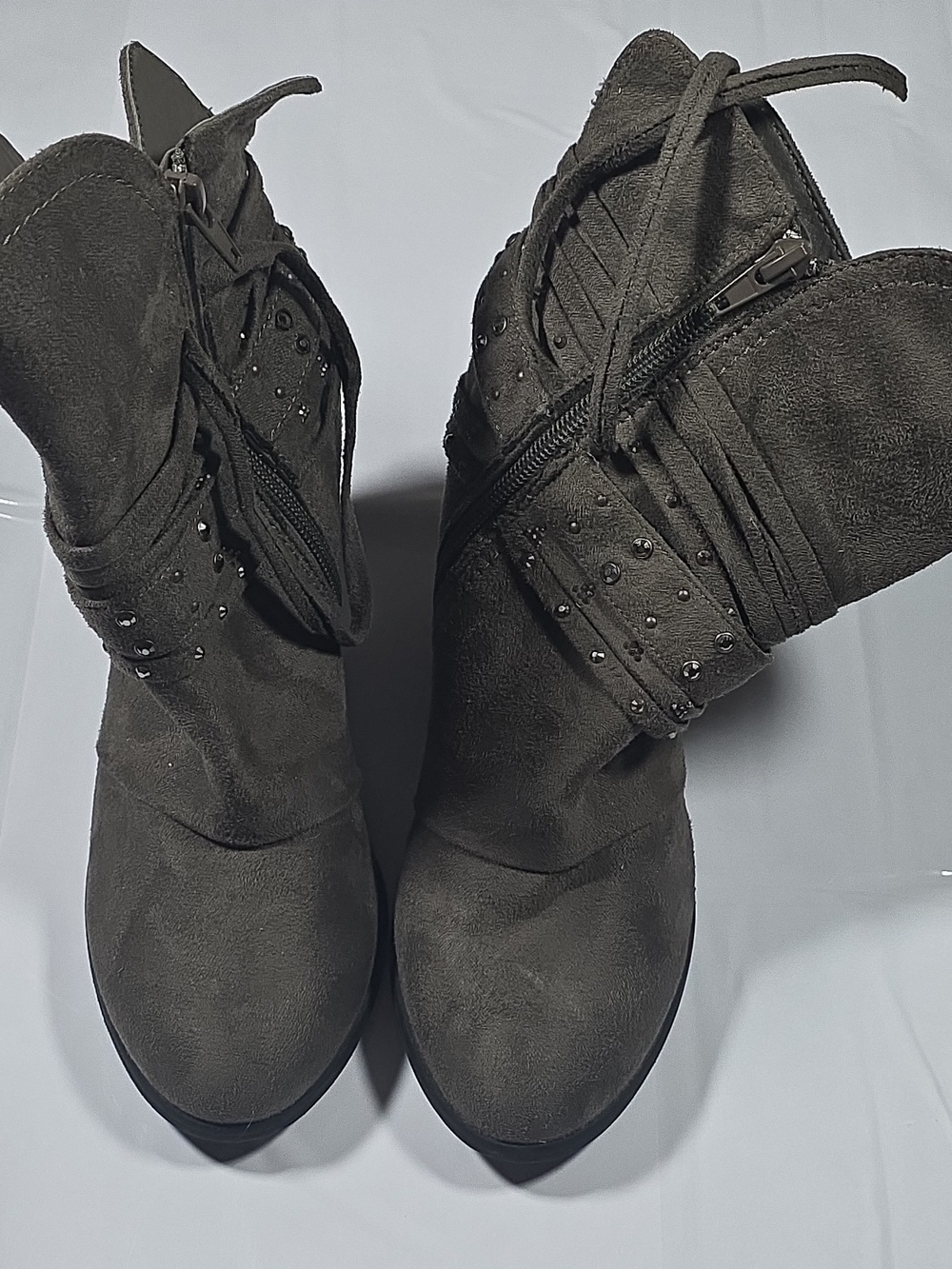 Vanity Charcoal Gray Suede Ankle Booties with Studded Strap